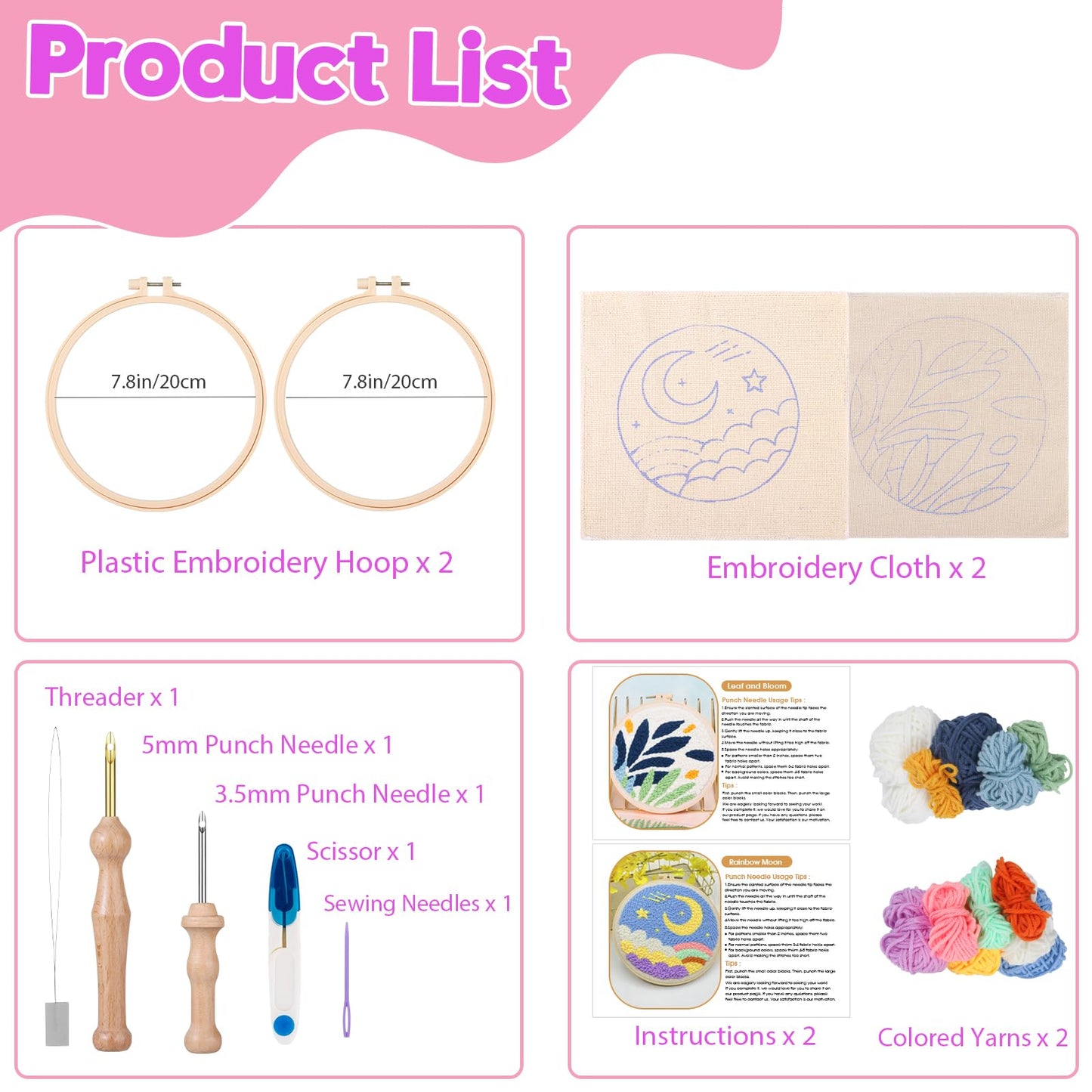 Cheloment 2 Sets Punch Needle Kits with 5mm/3.5mm Punch Needle,Fabric,Threader, Yarns and Hoops Embroidery Starter Kit for Adults Beginner, Perfect for DIY Craft and Decoration (Moon&Leaf)