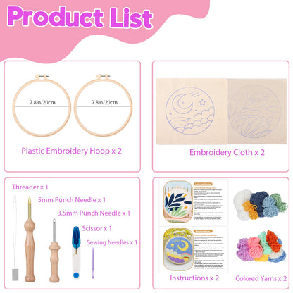 Cheloment 2 Sets Punch Needle Kits with 5mm/3.5mm Punch Needle,Fabric,Threader, Yarns and Hoops Embroidery Starter Kit for Adults Beginner, Perfect for DIY Craft and Decoration (Moon&Leaf)