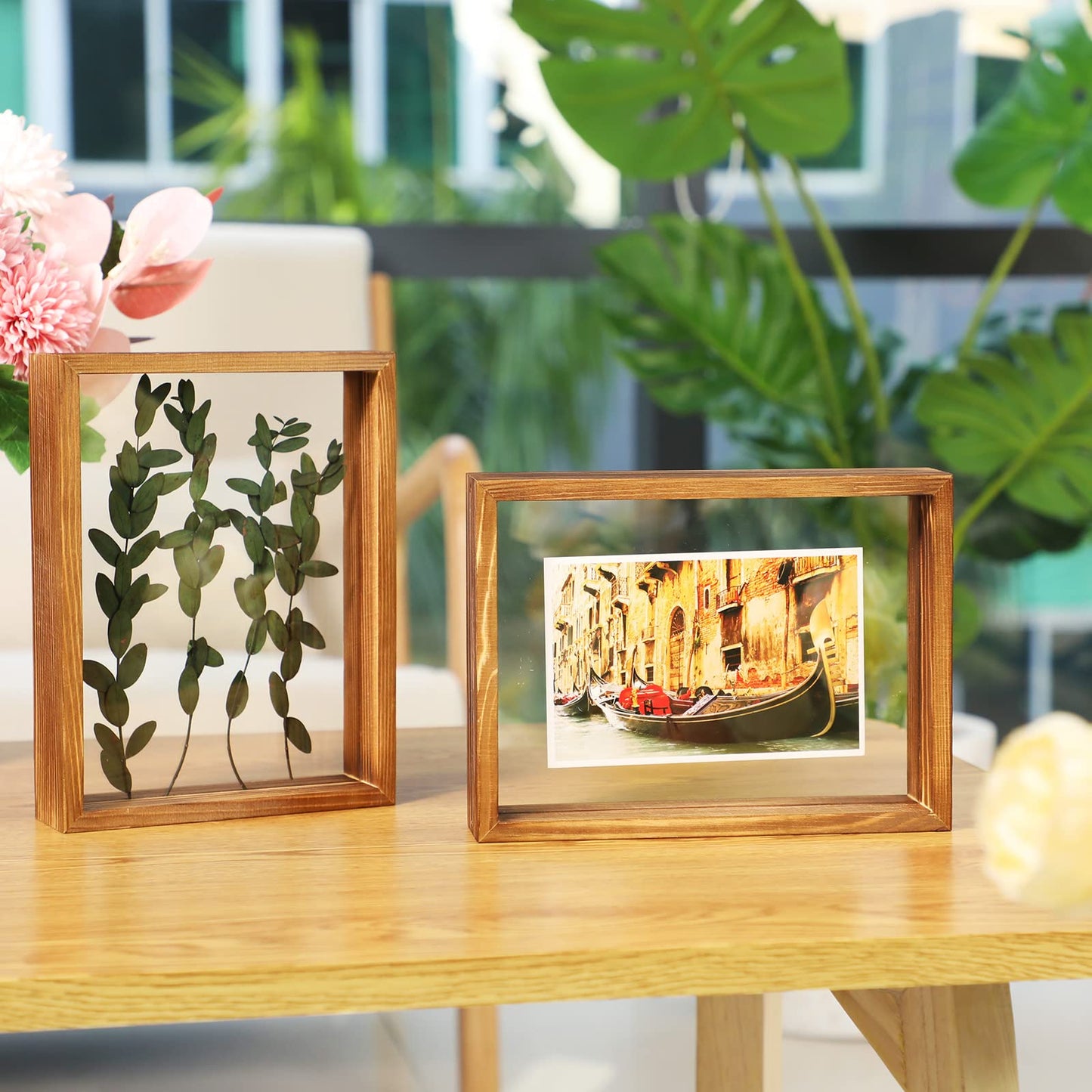 Yalikop 2 Pcs 5 x 7 Floating Picture Frames Wooden Pressed Flower Frame Double Acrylic Rustic Artwork Wall and Tabletop Display Photo, Gift for Family Friends Wedding DIY Gifts