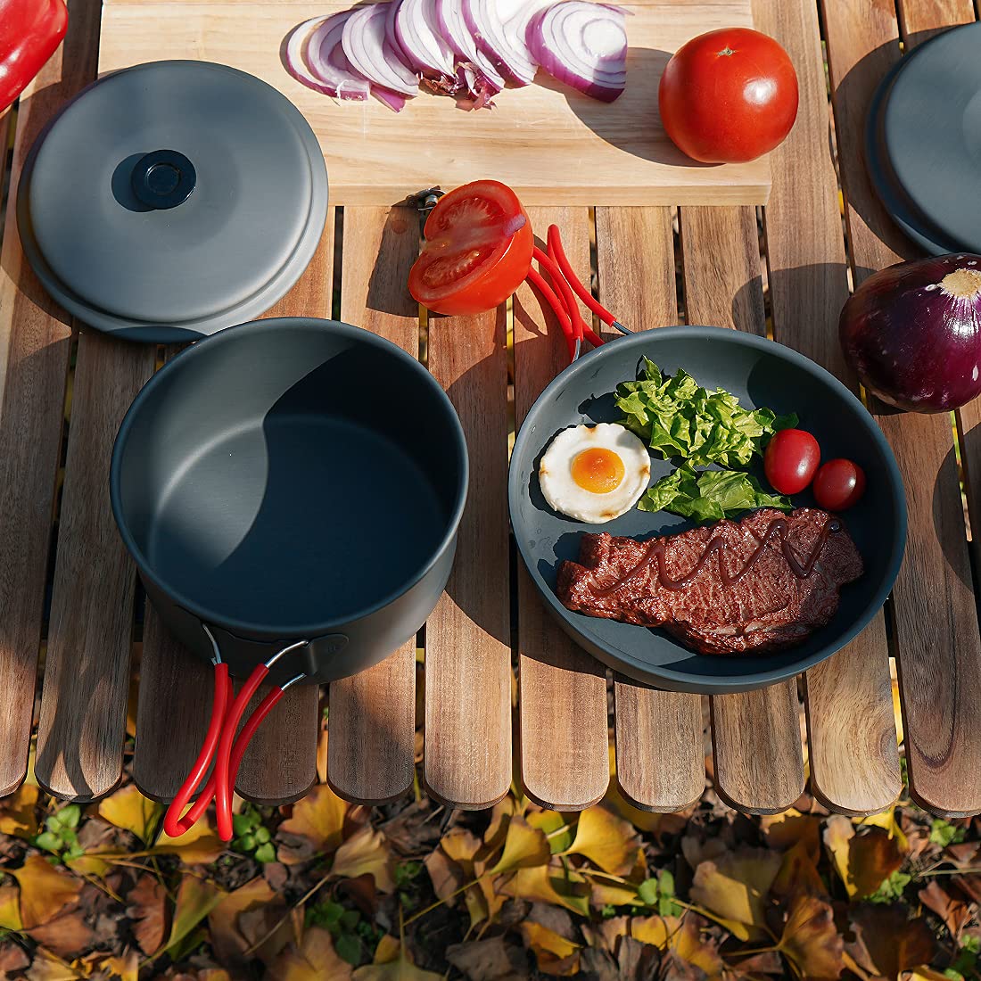 Alocs Camping Cookware, Aluminum Camping Cooking Set Camp Kitchen, Portable Camping Pots and Pans Set Essentials Mess Kit for Backpacking, Outdoor Cooking and Picnic