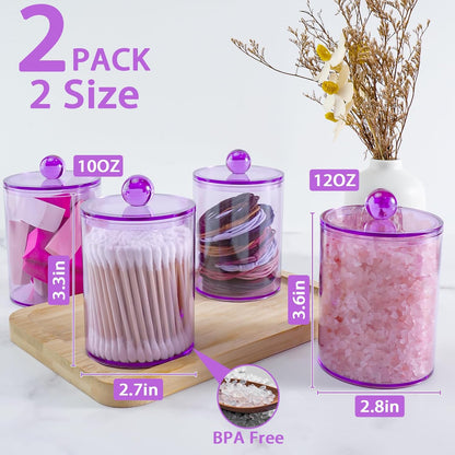 XIPENGKEJI Qtip Holder Set - Stylish Apothecary Jars for Cotton Swabs & Pads | 10oz-12oz Purple Canisters