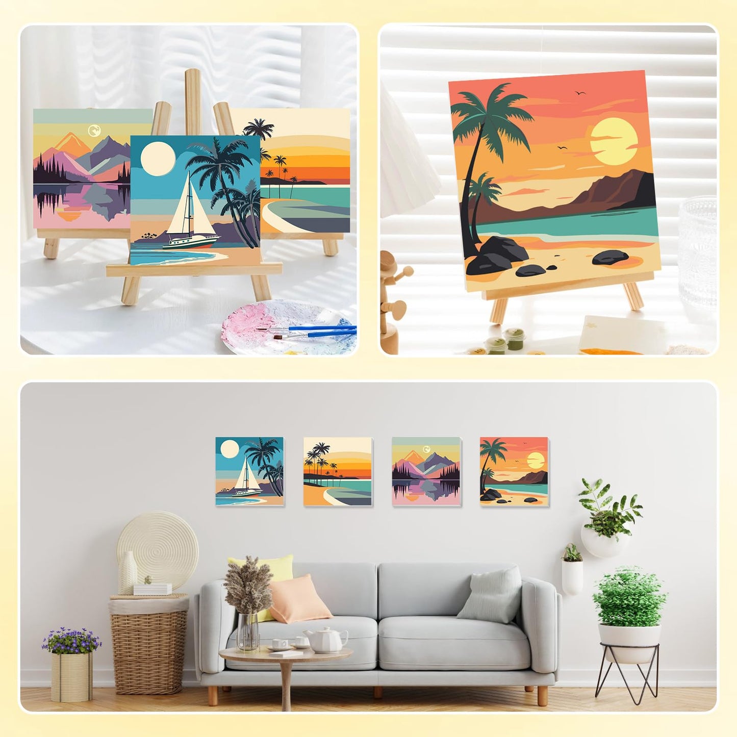 HEIBAGO Framed Paint by Numbers kit for Kids, 4 Pack Sunset Paint by Numbers for Kids Ages 8-12, Beach Paint by Numbers Kits Children Beginner, DIY Acrylic Oil Painting for Home Wall Decor 8x8 inch