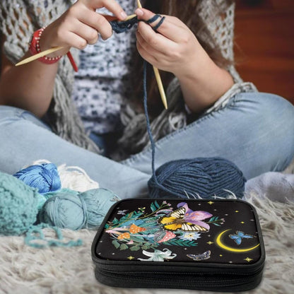 Twousenru Fashionable Butterfly Mushroom Crochet Hook Case Portable Knitting Needle Case with Web Pockets Swing Crochet Hooks Accessories Easy to Take