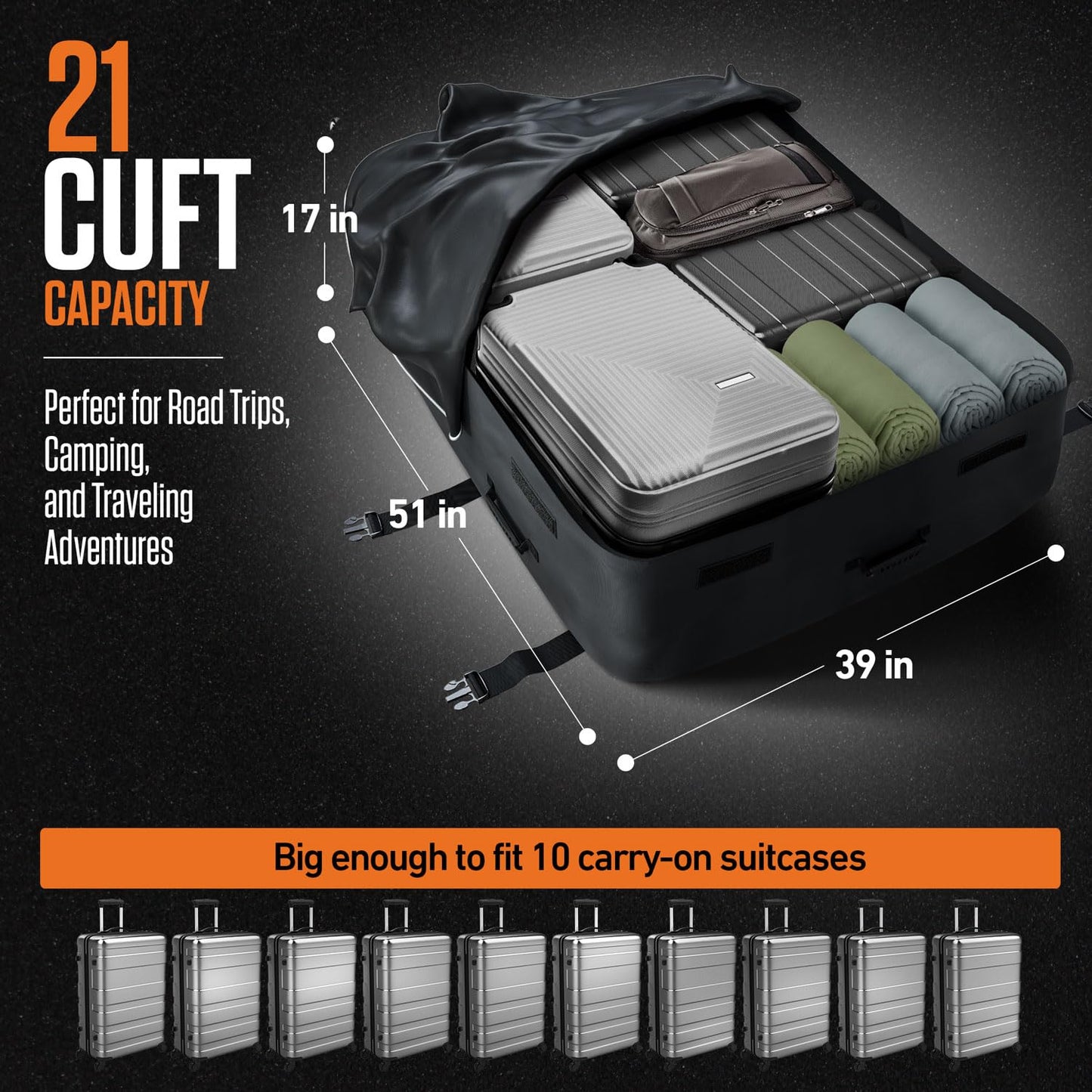 VENTURE 4TH Rooftop Cargo Carrier - 21 Cubic Feet Waterproof Car Roof Cargo Bag with Tie-Down & Compression Straps, Fits Most Vehicles with or Without Roof Racks, Sidebars & Crossbars