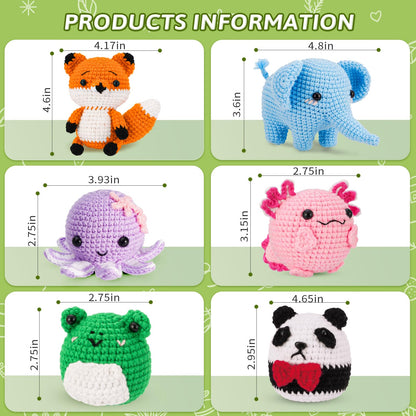 Gerute Crochet Kit for Beginners, 6 PCS Amigurumi Animal Family Starter Kit with Step-by-Step Video Tutorials & Illustrated Guide, 40% Extra Yarn, DIY Family Craft Gifts for Adults & Kids