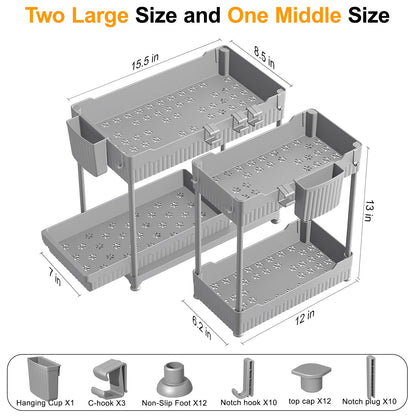 3 Pack Under Sink Organizers, 2-Tier Multi-Use Kitchen and Bathroom Organizers and Storage with Sliding Drawers，Bathroom Cabinet Organizer (Black, 12.8 Inch)