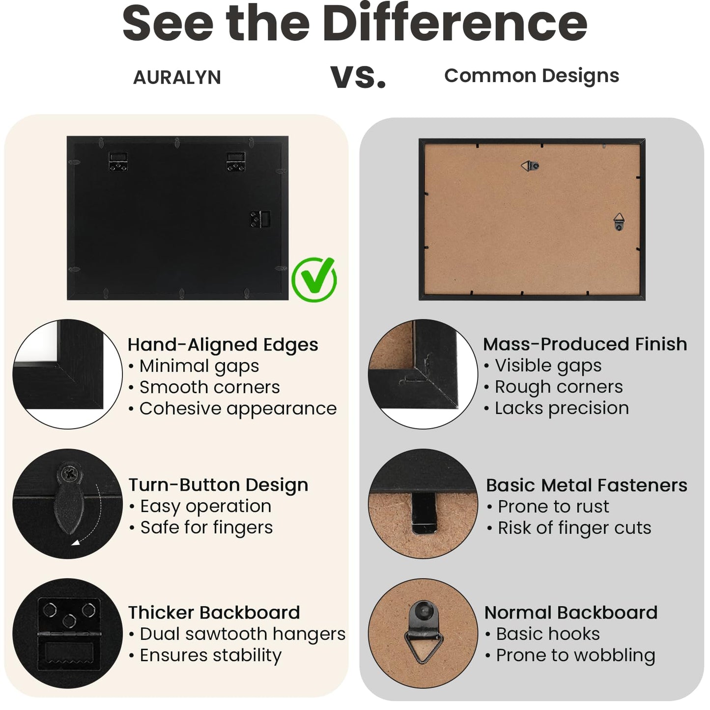 AURALYN Wall Frames 11x14 Picture Frame Set of 3 – Fits 8x10 with Mat or 11x14 Without Mat – Wood Grain, Easy to Hang, Finger-Friendly, Includes Hanging Kit (Black Frames, 3 Pack)