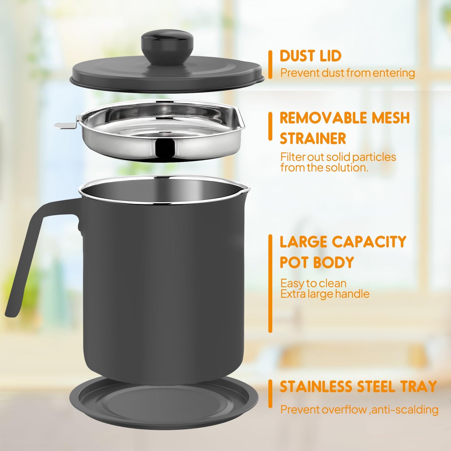 Chihee Grease Container Stainless Steel Bacon Grease Saver with Fine Mesh Strainer 2L / 67.6 fl oz Cooking Oil Keeper Stoarge Can with Dust-proof Lid Non-slip Tray for Kitchen Frying