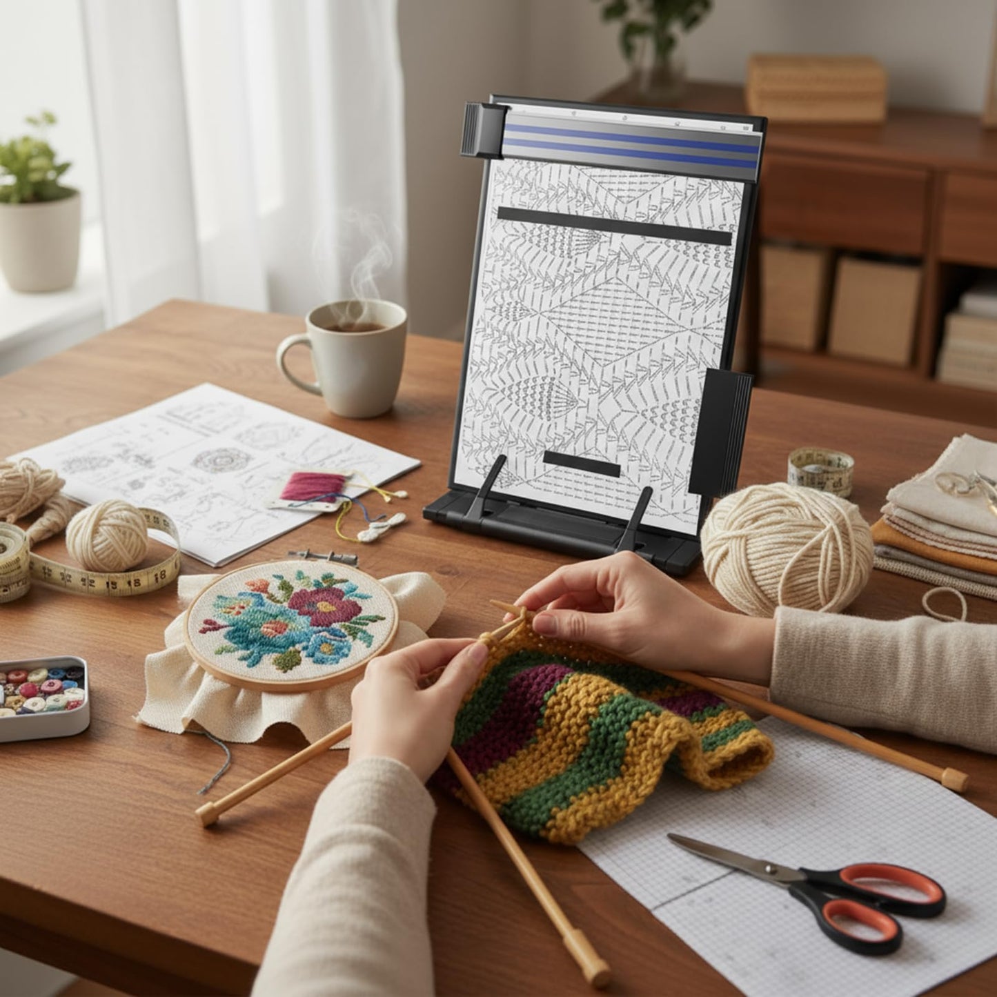 Flutesan Knitting Pattern Holder with 4 Replacement Magnets Knitting Chart Keeper Black Magnetic Cross Stitch Supplies and Accessories Cross Stitch Pattern Holder for Crochet, 13.78 x 8.27 Inch