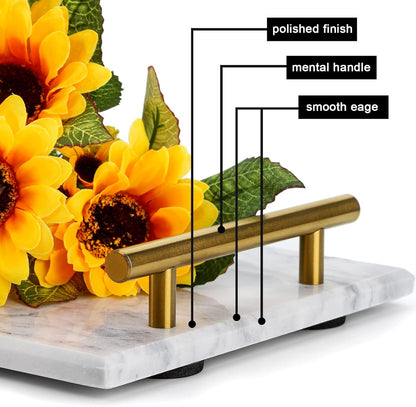 12" DEAYOU Decorative Tray with Gold Handles, Natural Marble Stone Tray, Nightstand Serving Tray with Metal Handle
