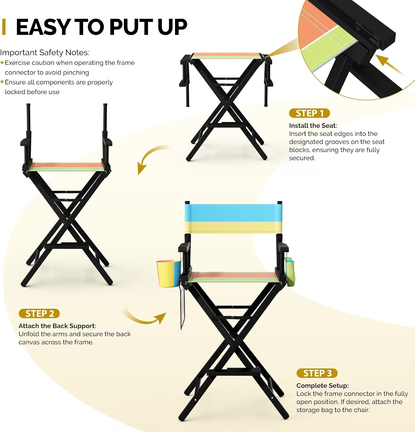 31" 250lb OmySalon Director's Chair Height Folding Portable w/Storage Pouch & Footrest, Makeup Artist Chair for Salon