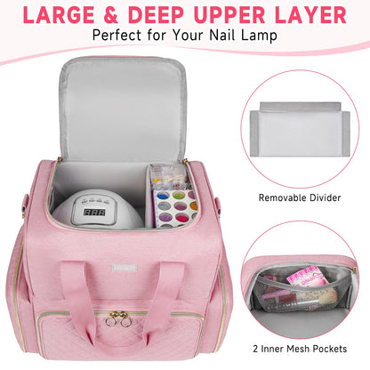 Nail Polish Organizer Holds 80 Bottles and a Nail Lamp,Nail Polish Carrying Case with 2 Removable Bags,Nail Organizers and Storage for Nail Tech,Portable Nail Polish Holder for Nail Supplies,Pink