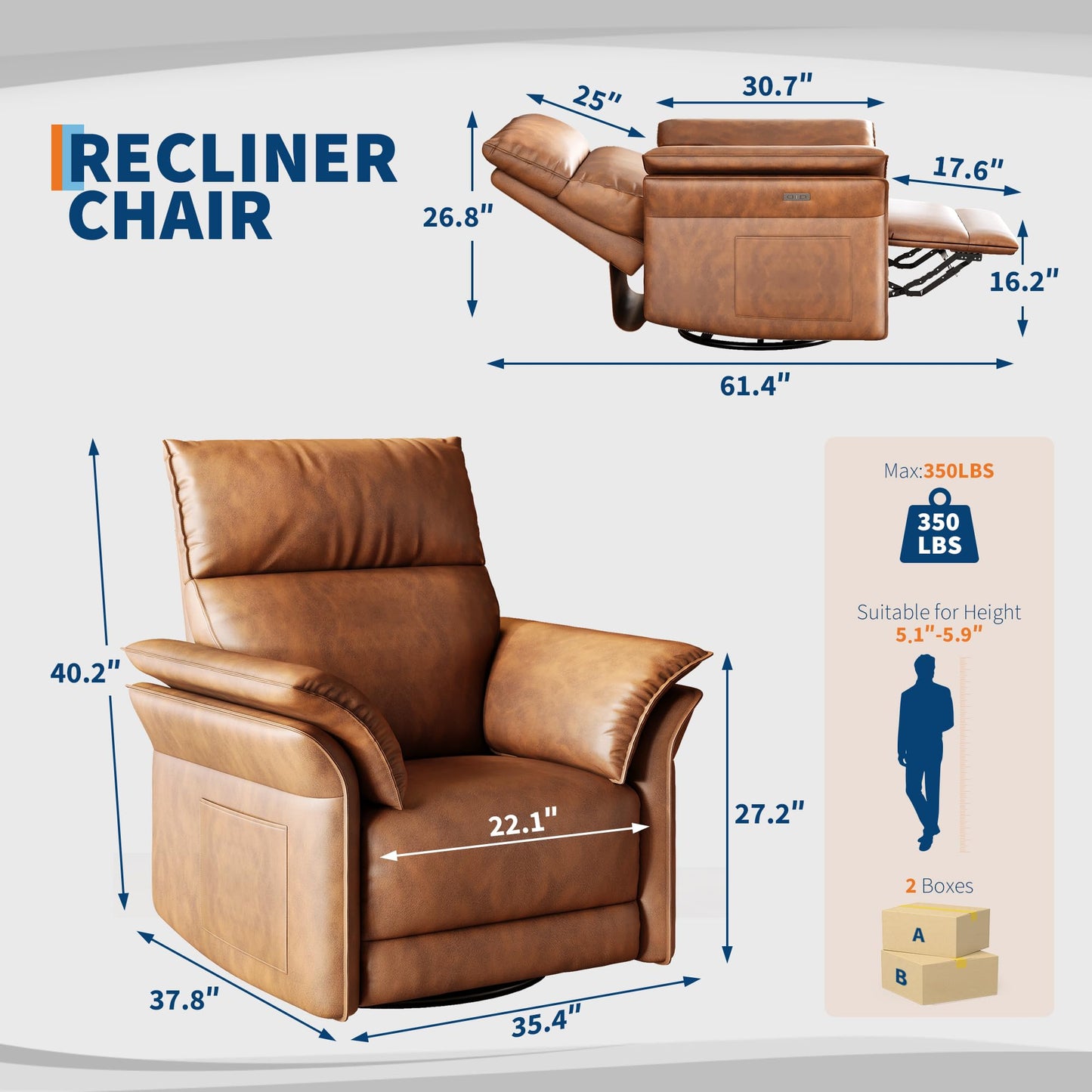 GarveeHome Power Recliner Chair, 270 °Swivel Rocking Glider with USB Charging Port, PU Leather Upholstered Fabric and Double-Layer Armrests, Nursery Chair for Living Room, Nursery (Wanult)
