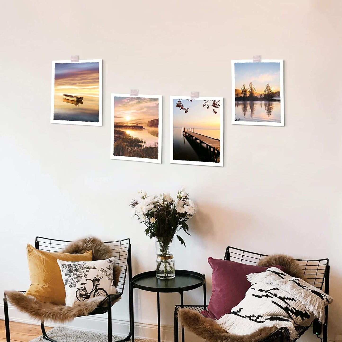 Color Play Lake Scene Wall Art - Sunset Nature Landscape Prints, Unframed 8x10 Inch 4 Piece Decor