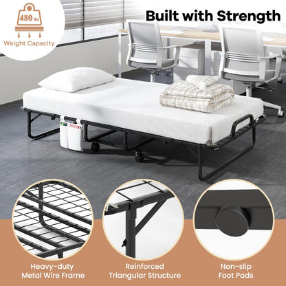 Giantex Twin Folding Bed with 5 Inch Mattress, Rollaway Guest Bed with Top Pillow, Storage Pocket & Metal Frame, Space-Saving Fold up Beds, Portable Roll Away Beds for Adults, 75" x 39"