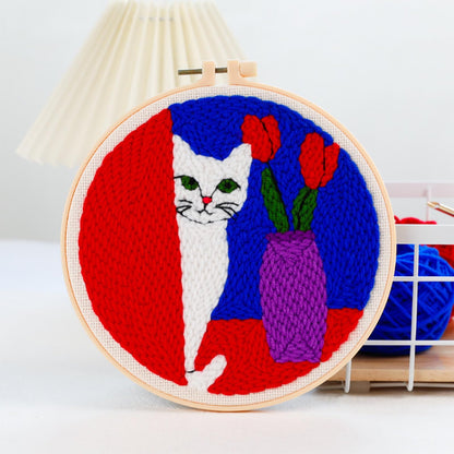 Woohome Punch Needle Kit Included Plastic Hoops, Punch Needle Cloth, Color Yarn and Punch Needle Tools for Adults, Beginners (Cat and Vase)