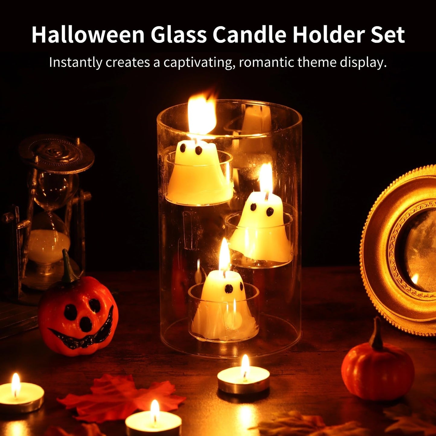 Halloween Glass Candle Holder Set, Decorative Cylinder Candle Holder with 15 Candles and 20 Tea Lights, Floating Centerpiece Kit for Parties, Weddings, Holidays