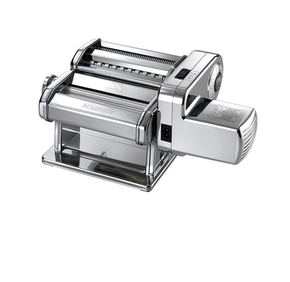 MARCATO Made in Italy Atlasmotor 110V Electric Pasta Machine, Chrome Steel. Set includes Atlas 150, handcrank, clamp, Pastadrive motor, and instruction manual