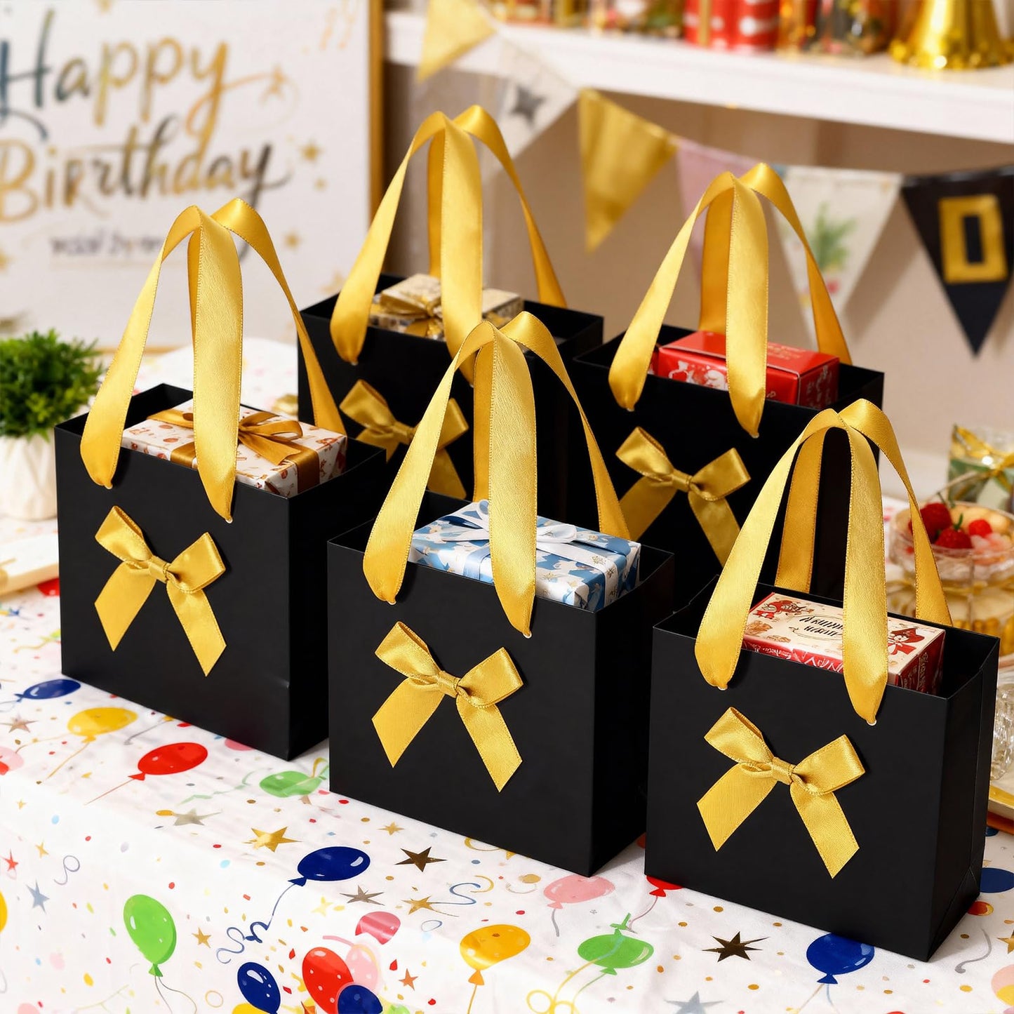 EQOREIIN 50 Pack Small Thank You Gift Bags with Bow Ribbon & Handles, 5.5x 2.5x4.7 Inch Black Gold Little Gift Bags for Jewelry, Baby Shower, Bridal Shower, Mother's Day,Christmas Holiday Gifts