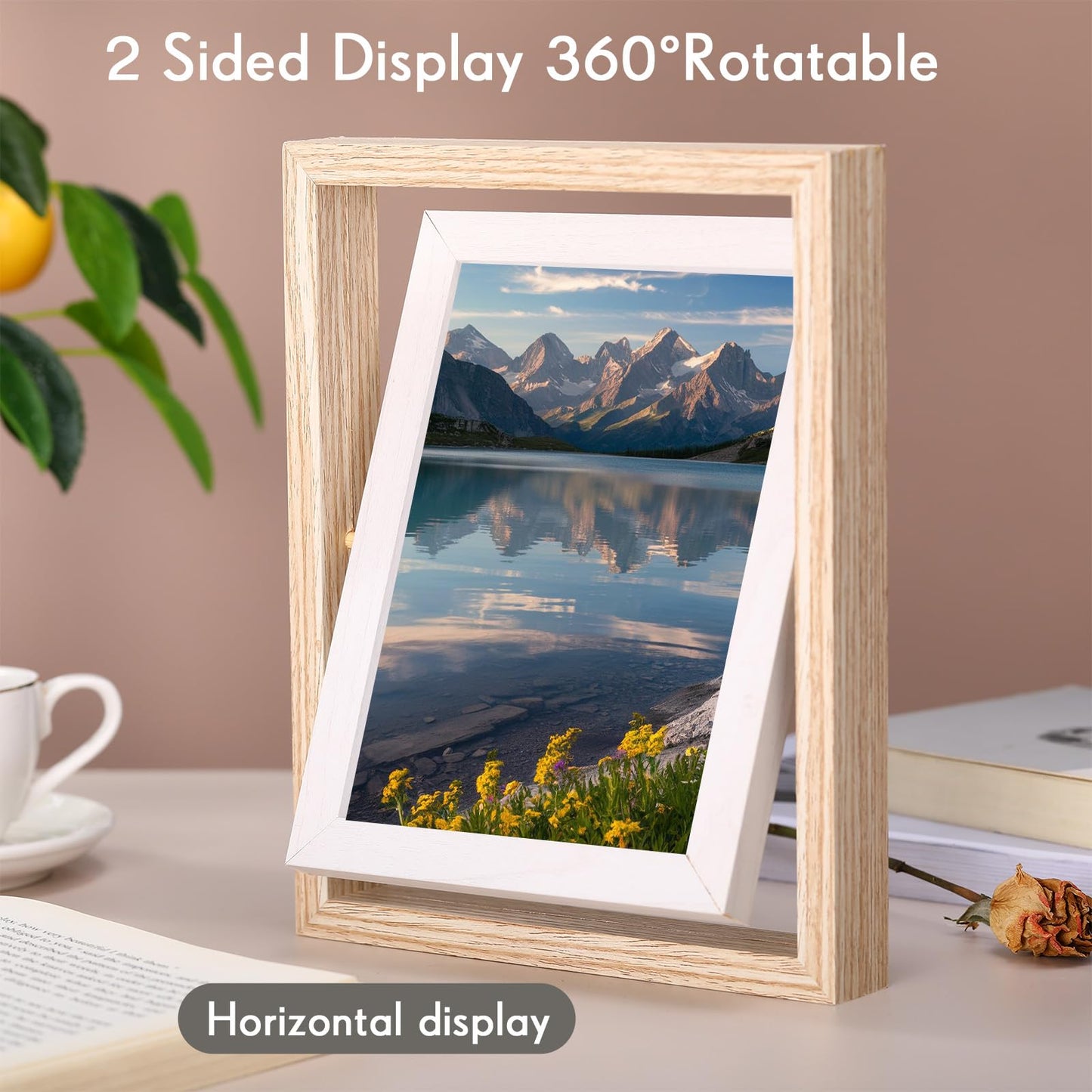 AceOrbit 4 Pack 4" x 6" Rotating Floating Picture Frames Double Sided Display with Hd Front Wooden Distressed Frame Swivel Picture Rustic Desk Standing Frame for Vertical Horizontal Tabletop Display