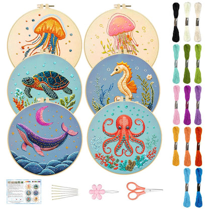 ACRNIGHEET 6PCS Embroidery Kit for Adults Beginners, Sea Animals Embroidery Starter Kit, Stamped Cross Stitch Kits for Crafts Lovers Gift Idea, Include Instructions 6 Stamped Embroidery Cloth 2 Hoop
