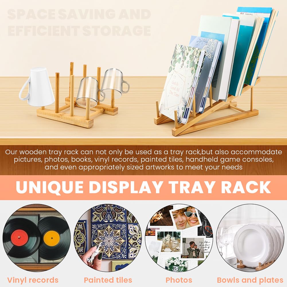Bibabala 2Pcs Plate Stands for Display, Wooden Plate Holders with 1 Cup Holder,5 Tiers Bowl Rack, Craft Show Display Stands for Tabletop Book, Artwork, Photo, Record, Magazine, Platter