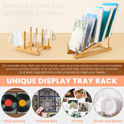 Bibabala 2Pcs Plate Stands for Display, Wooden Plate Holders with 1 Cup Holder,5 Tiers Bowl Rack, Craft Show Display Stands for Tabletop Book, Artwork, Photo, Record, Magazine, Platter