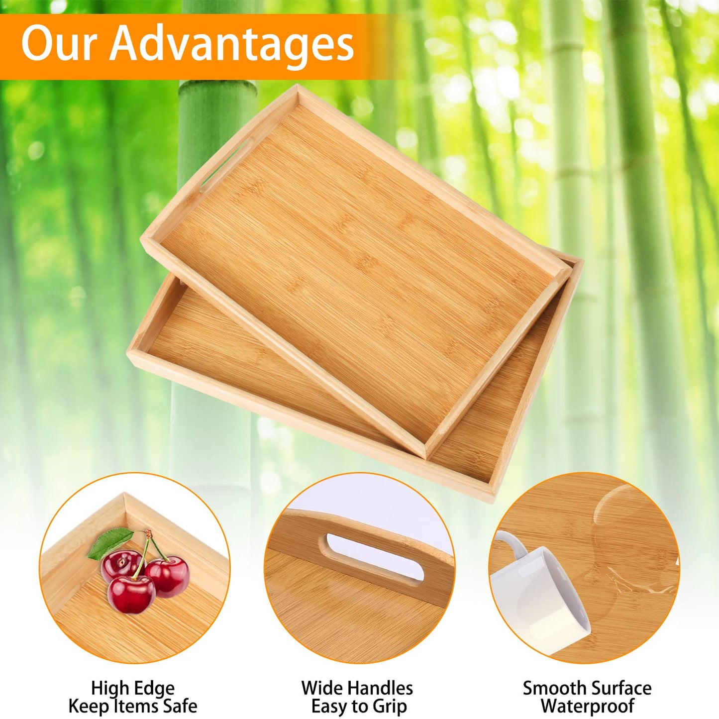 2-Pack Bamboo Serving Trays with Handles, 16" and 13", Decorative Food Tray Set for Breakfast, Coffee, Tea, Snacks, Ideal for Coffee Table, Ottoman, Living Room & Kitchen