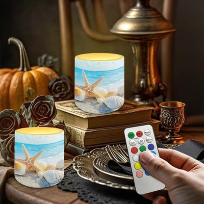 Merkmak 4 Pack Flickering Flameless Candles with Remote and Timer Control LED Pillar Tea Lights for Coastal Theme Home Decorations Battery Operated Candles, Shell Starfish