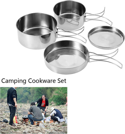 Portable Cookware Set, 4 Pcs Stainless Steel Camping Kitchenware Pan Pot Plate Tableware for Outdoor Cooking
