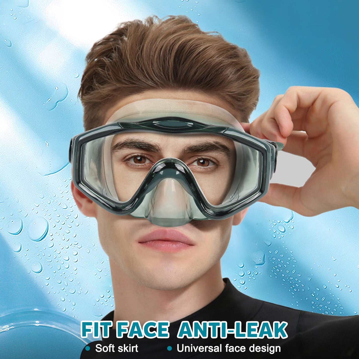 KUYOU Mask Fins Snorkeling Gear for Adults - Wide View Anti-Fog Mask, Full Dry Top Snorkel Gear Set (Dark Celadon, L/XL)