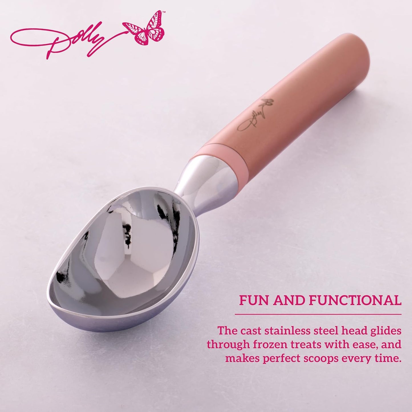 13.9 2.68 1.97 Inch Dolly Parton Ice Cream Scoop, Blush Stainless Steel Head with Ergonomic Weighted Handle, Dishwasher