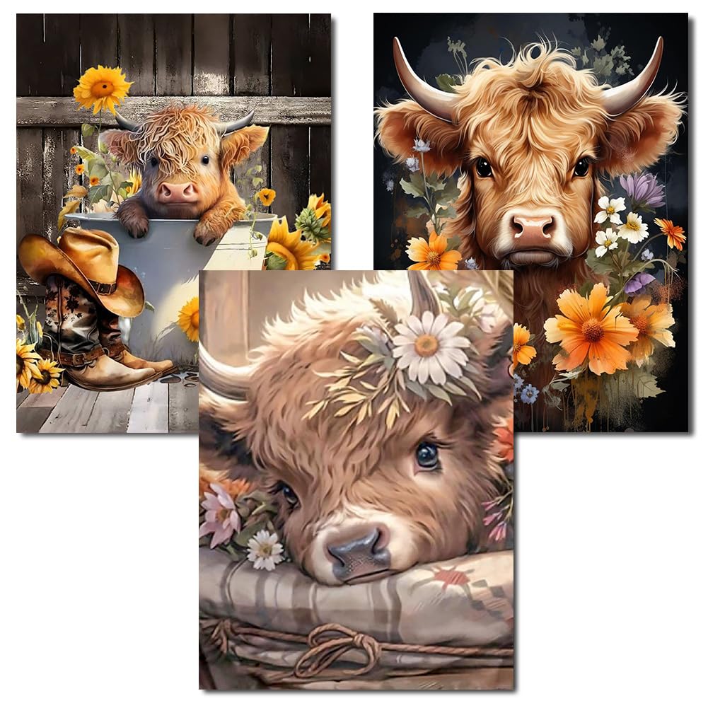 Axquilon Diamond Art Kits for Adults - 3 Pack Highland Cow Diamond Painting Kits for Adults, 5D Round Full Drill Cow Gem Art, Paint by Diamonds Pictures DIY Crafts Kits 12x16inch