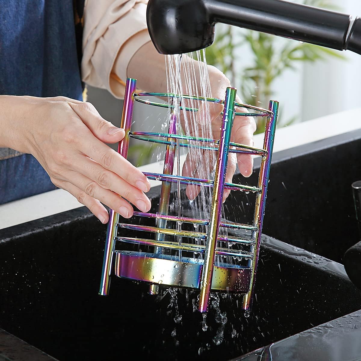 Rainbow Kitchen Utensil Holder for Counter, Stainless Steel Crocks with Rainbow Titanium Coating, Easy Cleaning