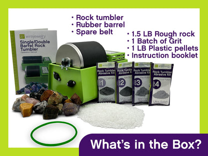 WireJewelry Single Barrel Rock Tumbler Kit - Includes 1.5 Pounds of Gemstones of The World Stone Mix and 1 Batch of 4 Step Abrasive Grit and Polish with Plastic Pellets
