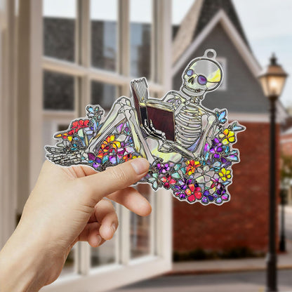 Skeleton Reading Ornament Acrylic Suncatcher Window Hanging Wall Decor for Indoor Outdoor Doors Home