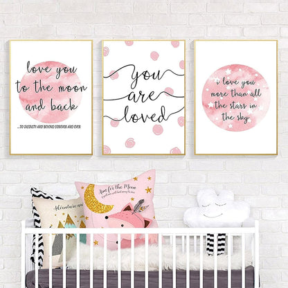 PUYIQARE (16x24inchx3 I Love You To The Moon And Back Wall Art prints Pictures Pink Moon Posters Canvas Painting