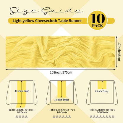 10 Pack Light Yellow Cheesecloth Table Runner 17x108 Inch Semi Sheer Boho Gauze Cheese Cloth Table Runners, for Wedding Bridal Shower Birthday Party Home Decor Garden Farmhouse