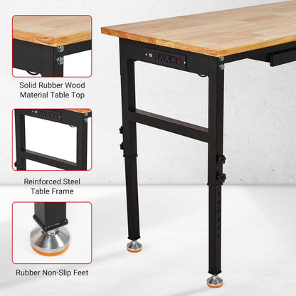 60"X24" Heavy Duty Workbench with Drawer, 29.5"-39.4" Adjustable Height, Rubber Wood Table with Lockable Wheels & Power Outlets for Garage, Workshop, Office - 2200 Lbs Capacity
