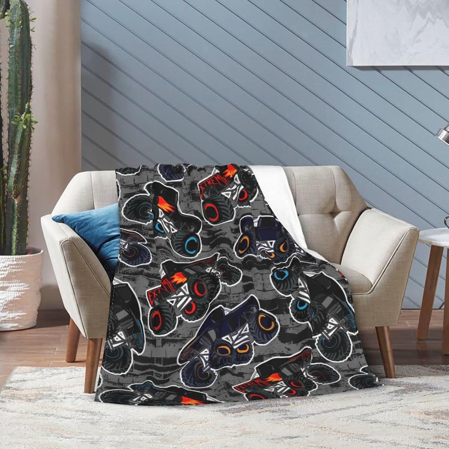 Perinsto 60"X50" Monster Truck Boys Style Throw Blanket Ultra Soft Warm All Season Decorative Fleece Blankets for Bed
