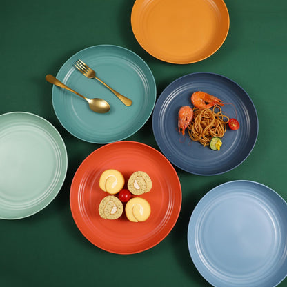 HEYCOME 12 Pcs Unbreakable Deep Dinner Plates Set, 10 inch Reusable Plastic Wheat Straw Plates, Microwave and Dishwasher Safe Plate for Kitchen, Lightweight Plate for Dessert, BPA Free, 6 Colors