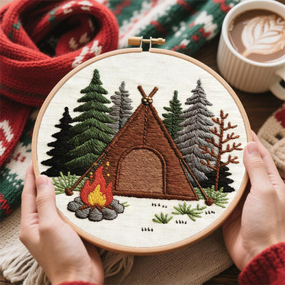 FREEBLOSS 4 Sets Embroidery Kit for Beginners Needlepoint Embroidery Starter Kit with Camping Stamped Patterns, Instructions, Colored Threads, 2 Hoops 20cm/7.9inch