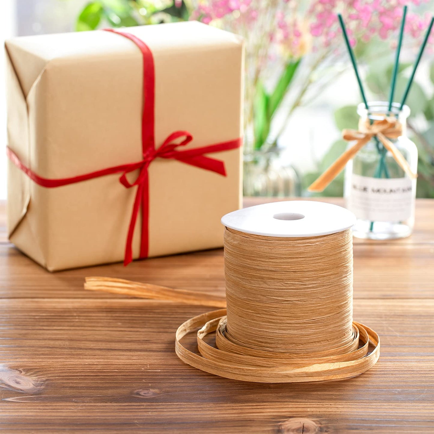 Whaline 229 Yards Raffia Paper Ribbon Christmas Kraft Craft Packing Paper Twine Festival Gift Wrapping DIY Crafts Ribbon for Decoration and Weaving, 1/4 inch Width