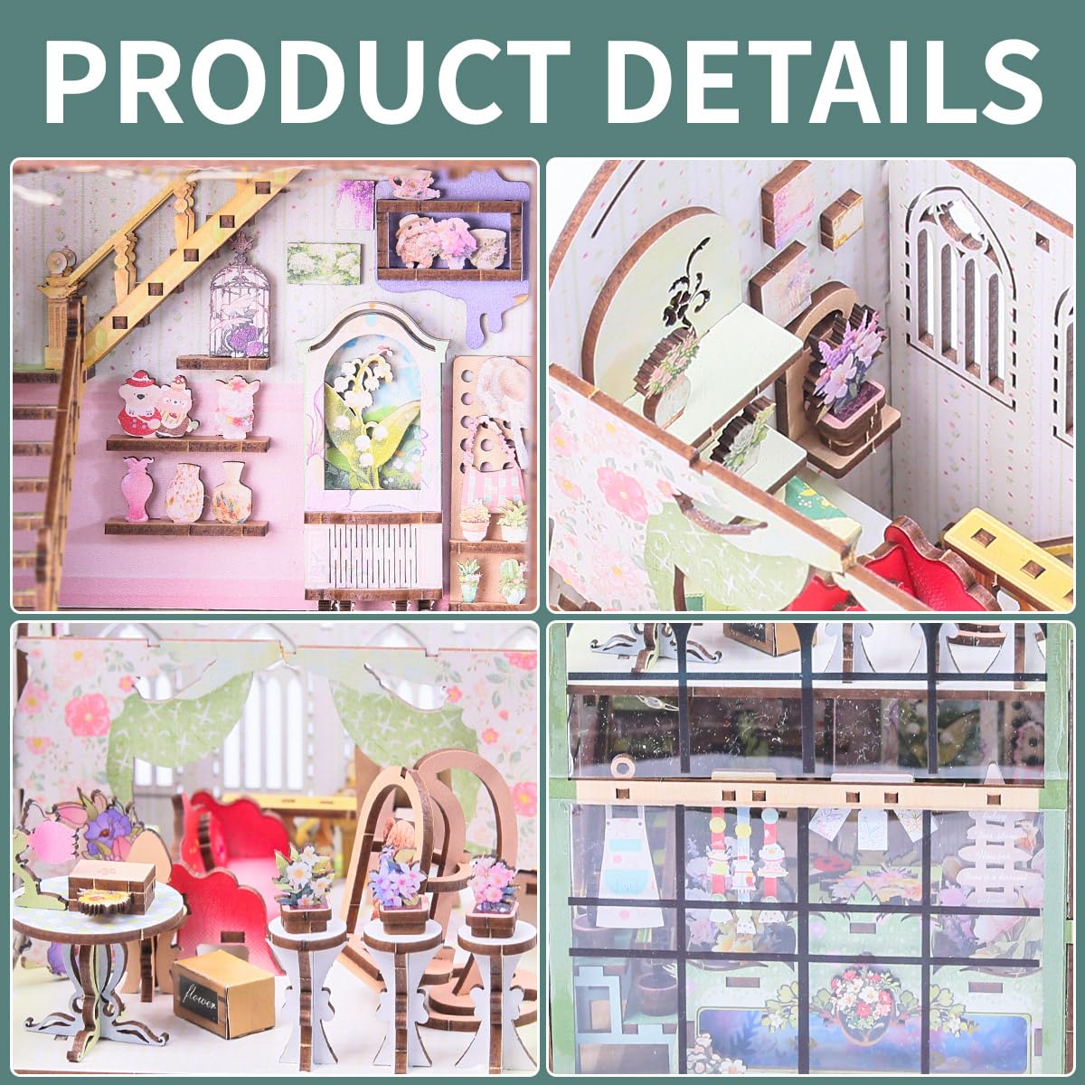 Miniature Flower House Kit, DIY Flower Dollhouse Booknook Making Set, 3D Wooden Puzzle Bookshelf Decor with Furniture for Adults & Teenagers