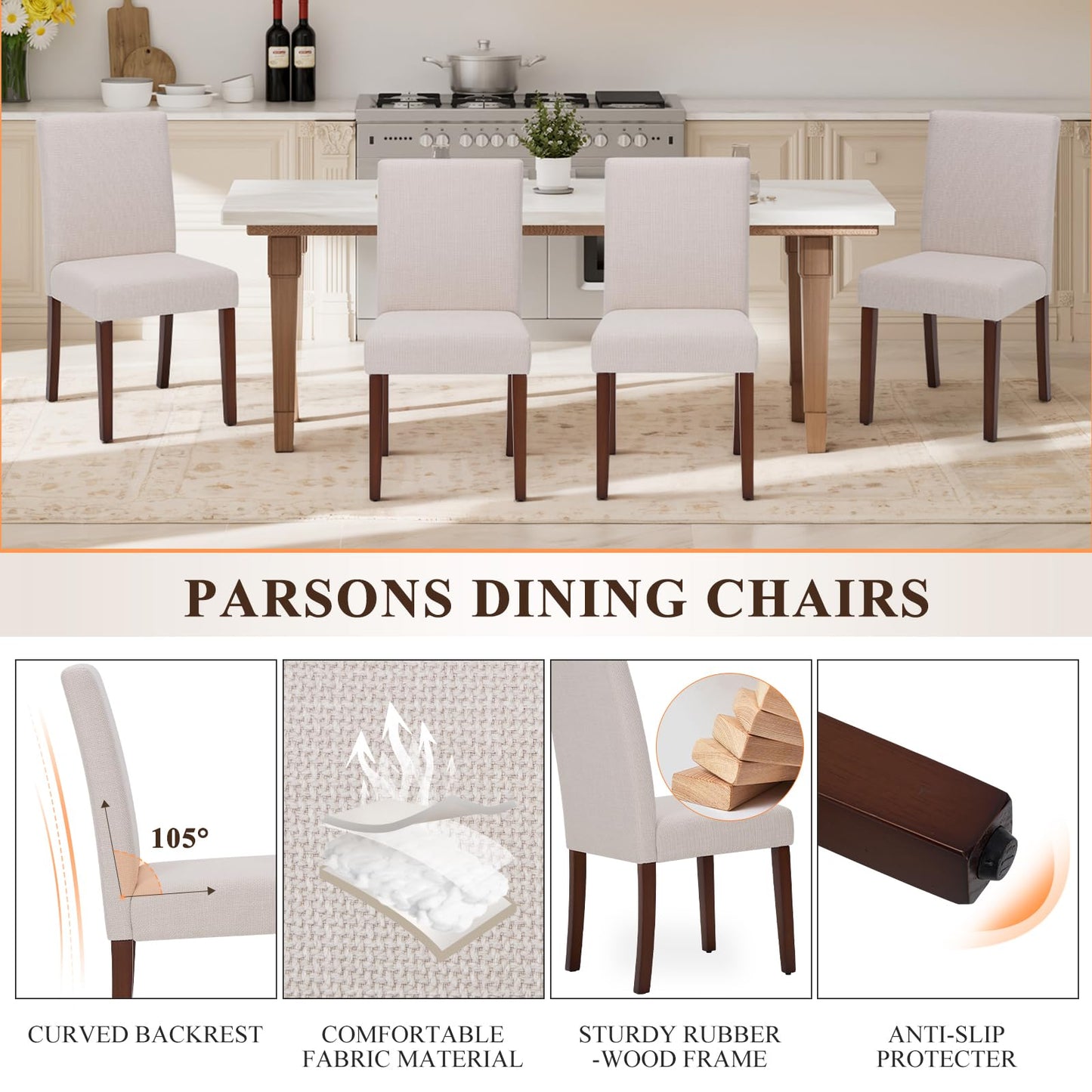 MALOL Upholstered Dining Chairs Set of 4, Fabric Dining Room Chairs, Modern Wooden Dining Chair, Kitchen Side Chairs, Farmhouse Dinner Chair with High Back for Kitchen, Beige