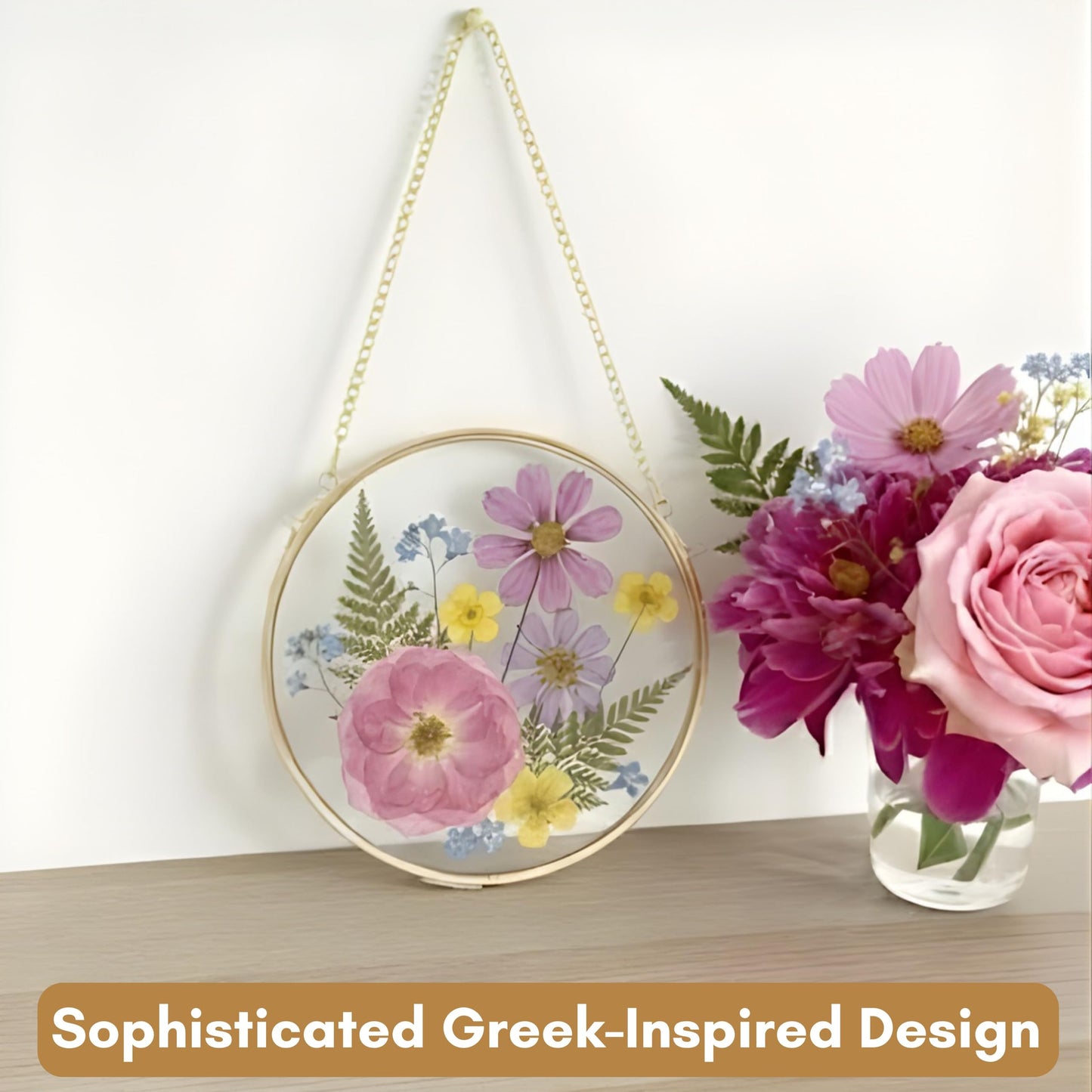 Beedecor Round Pressed Flower Glass Frame with Hanging Chain – Real Dried Flowers Arranged in Crescent Shape | Double Glass Floating Frame Wall Décor | Boho Home & Gift Decoration