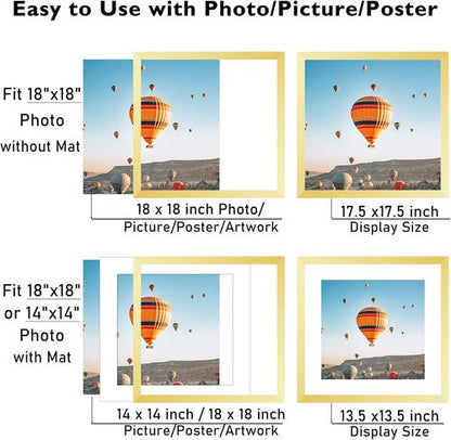 JCJMY 18x18 Gold Picture Frame - Display 14x14 Photos with Mat or 18x18 Without Mat | Shatter-Resistant Plexiglass