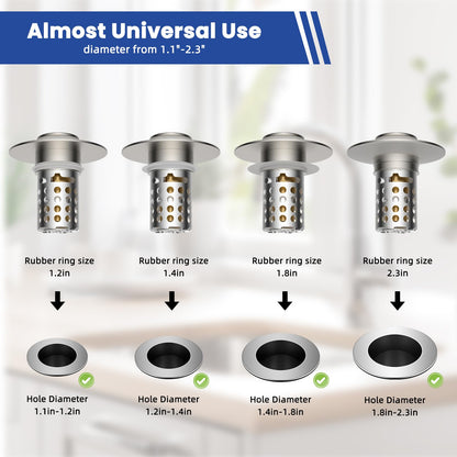 Universal Bathroom Sink Drain Strainer Hair Catcher Upgraded with Removable Stainless Steel Filter Basket, 3 in 1 Pop Up Sink Stopper for 1.1''~2.36'' Sink Basin Hole, Brushed Nickel