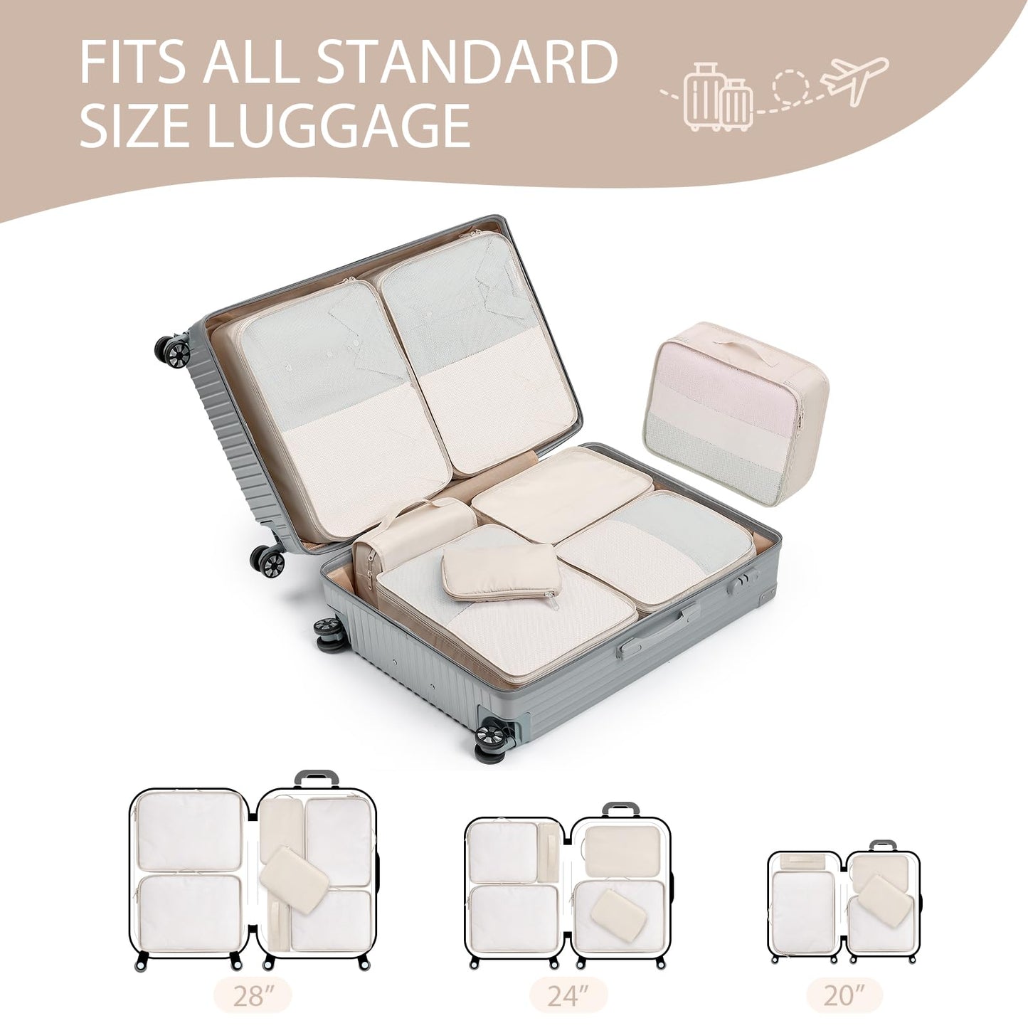 DIMJ Packing Cubes for Travel - Organizer Bags Set for Carry on Suitcase Lightweight Travel Cubes for luggage with Large Toiletries Bag (Cream)