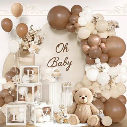 140Pcs Coffee Brown Baby Shower Decorations - Neutral Balloon Arch Garland Kit with 4 Baby Boxes - Mocha Beige Sand Nude Balloons for Teddy Bear Theme, A Baby Is Brewing, Gender Reveal Party